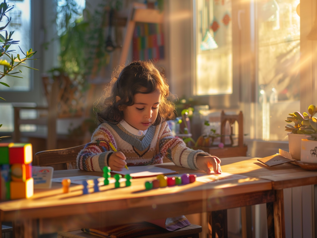 C’est quoi Montessori : une jeune fille apprenant avec du matériel Montessori en bois dans un environnement calme et lumineux.